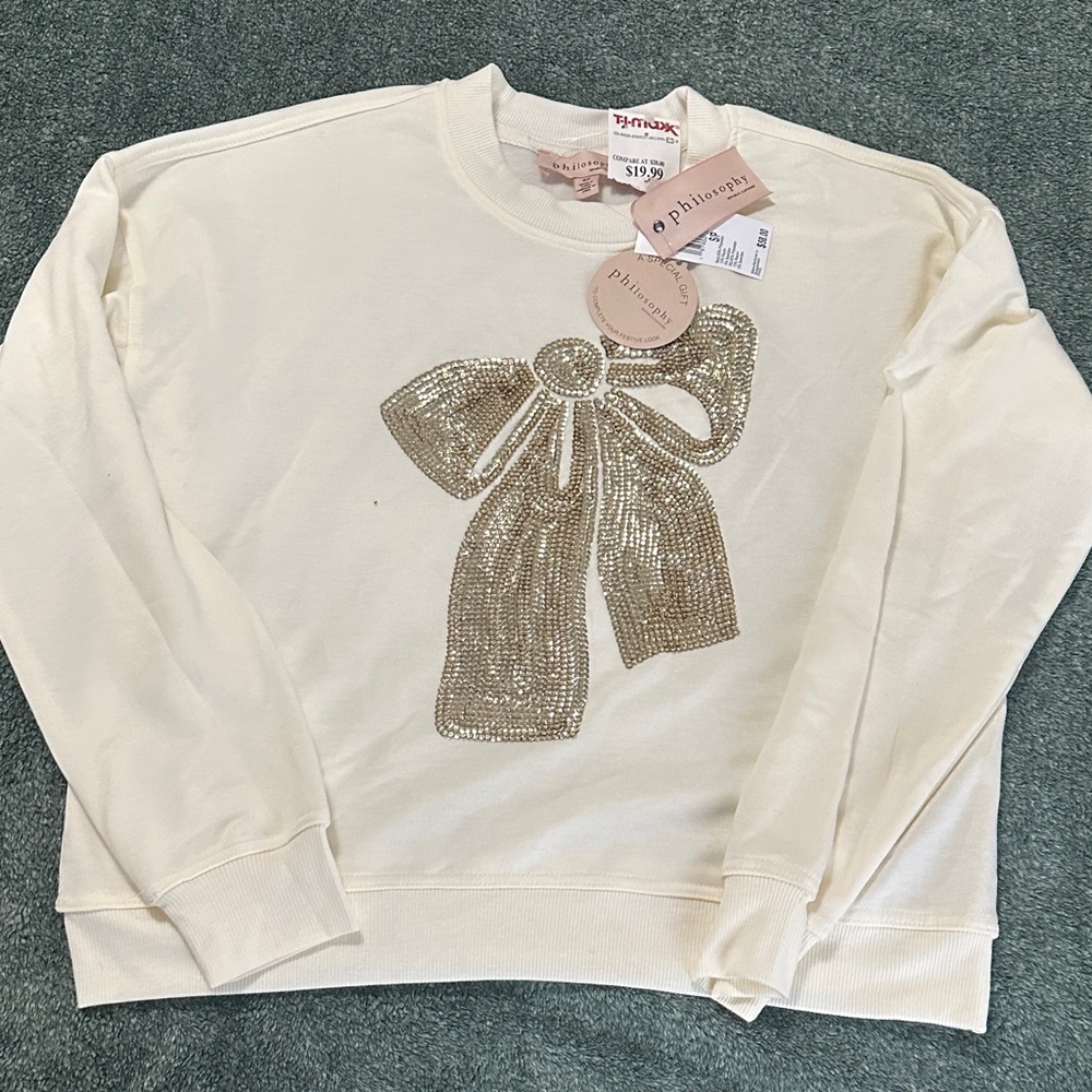 Philosophy Cream Sweater with Gold Sequin Bow